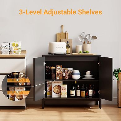 Rattan Buffet Cabinet with Storage, 2-Door Arch Sideboard with Adjustable Shelf, Black