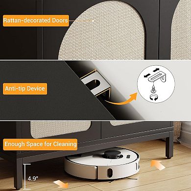 Rattan Buffet Cabinet with Storage, 2-Door Arch Sideboard with Adjustable Shelf, Black