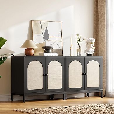 Rattan Buffet Cabinet with Storage, 2-Door Arch Sideboard with Adjustable Shelf, Black