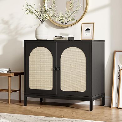 Rattan Buffet Cabinet with Storage, 2-Door Arch Sideboard with Adjustable Shelf, Black