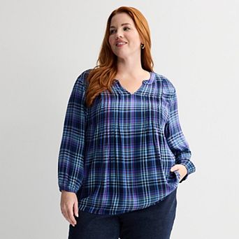 Plus Size Croft & Barrow® Pintuck Femme Plaid Blouse