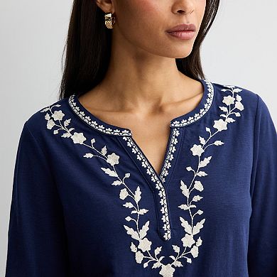 Women's Croft & Barrow® Embroidered Split Neck Top