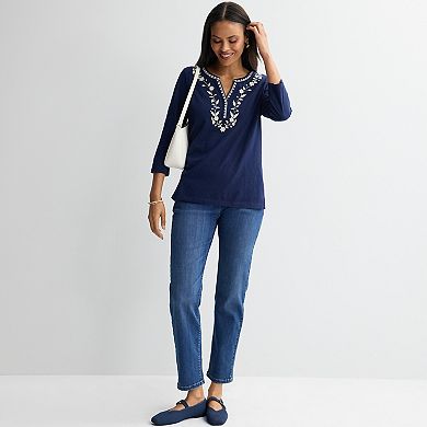 Women's Croft & Barrow® Embroidered Split Neck Top