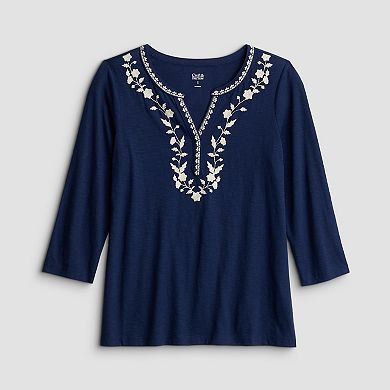 Women's Croft & Barrow® Embroidered Split Neck Top