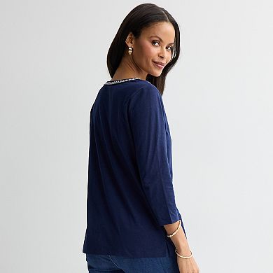 Women's Croft & Barrow® Embroidered Split Neck Top