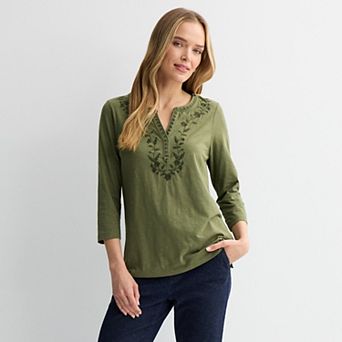 Women's Croft & Barrow® Embroidered Split Neck Top