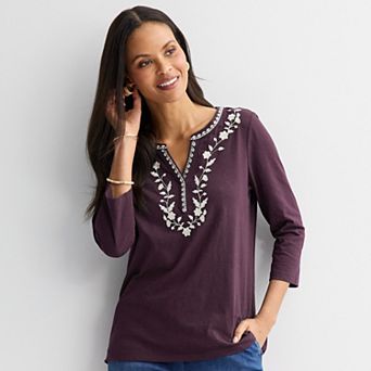 Women's Croft & Barrow® Embroidered Split Neck Top