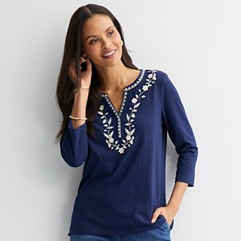 Women's Croft & Barrow® Embroidered Split Neck Top