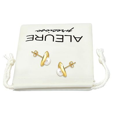 Aleure Precioso Sterling Silver Round Freshwater Cultured Pearl Frame Stud Earrings