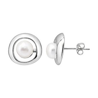 Aleure Precioso Sterling Silver Round Freshwater Cultured Pearl Frame Stud Earrings