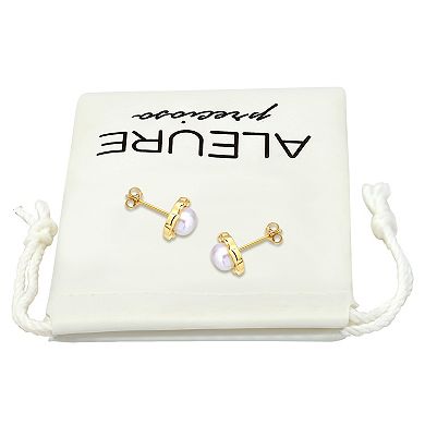 Aleure Precioso Sterling Silver Round Freshwater Cultured Pearl Scalloped Border Stud Earrings