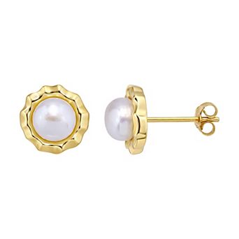 Aleure Precioso Sterling Silver Round Freshwater Cultured Pearl Scalloped Border Stud Earrings