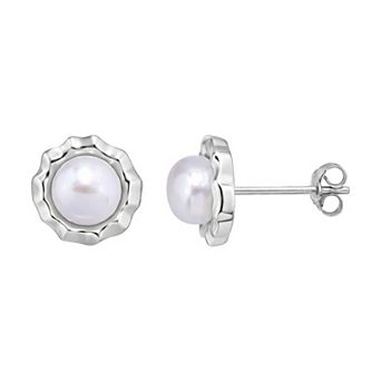 Aleure Precioso Sterling Silver Round Freshwater Cultured Pearl Scalloped Border Stud Earrings