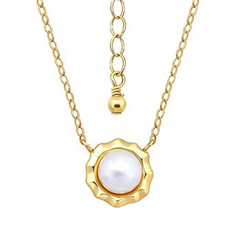 Aleure Precioso Sterling Silver Round Freshwater Cultured Pearl & Polished Scalloped Boarded Pendant Necklace