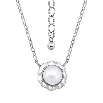 Aleure Precioso Sterling Silver Round Freshwater Cultured Pearl & Polished Scalloped Boarded Pendant Necklace