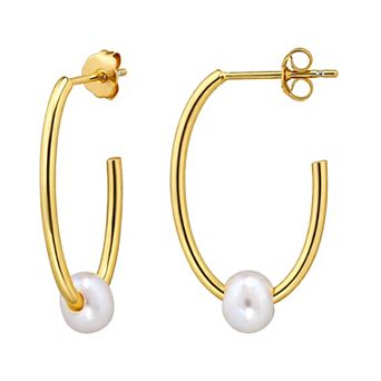 Aleure Precioso Sterling Silver Freshwater Cultured Pearl Open Oval Hoop Earrings