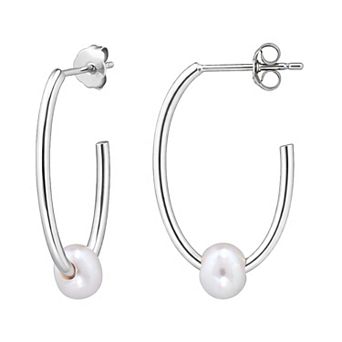 Aleure Precioso Sterling Silver Freshwater Cultured Pearl Open Oval Hoop Earrings