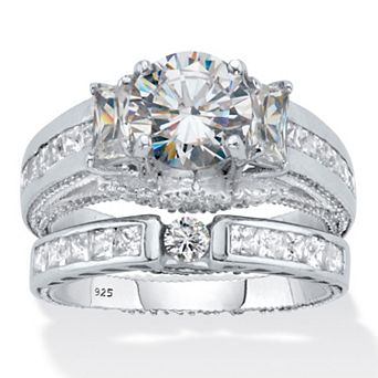 3.80 ct w. Round Cut CZ Platinum Over Silver 2 pc Bridal Ring Set