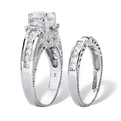 3.80 Cttw. Round Cut CZ Platinum Over Silver 2 Piece Bridal Ring Set