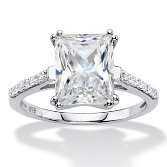 3.93 TCW Emerald-Cut CZ Platinum-plated Sterling Silver Bridal Engagement Ring