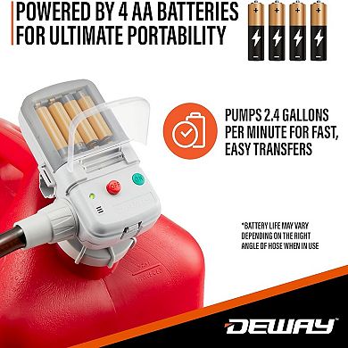 DeWay AA Battery Fuel Transfer Pump 2.4 GPM with Trigger Nozzle and PVC Hose