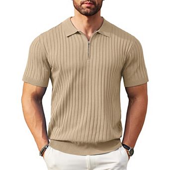 COOFANDY Men' Zipper Polo Shirts Short Sleeve Ribbed Knit Polo T Shirts Fashion Casual Golf Shirts