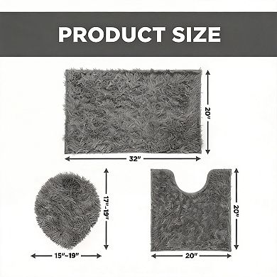 3 Piece Shaggy Bathroom Rugs Set Non-slip Water Absorbent Soft Washable