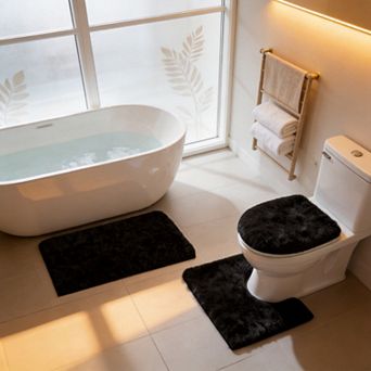 3 pc Shaggy Bathroom Rugs Set Non-slip Water Absorbent Soft Washable