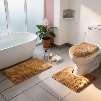 3 pc Shaggy Bathroom Rugs Set Non-slip Water Absorbent Soft Washable