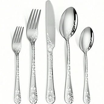 40 pc Flower-Etched Stainless Flatware Set Service for 8