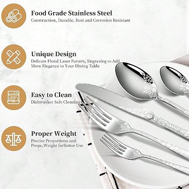 40-Piece Flower-Etched Stainless Flatware Set Service for 8
