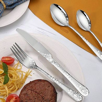 40-Piece Flower-Etched Stainless Flatware Set Service for 8