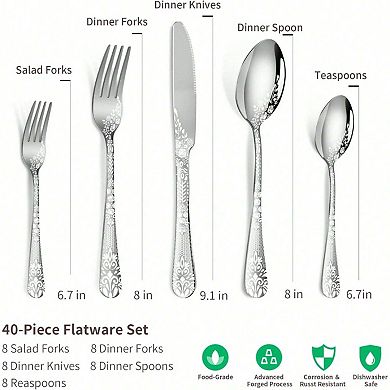 40-Piece Flower-Etched Stainless Flatware Set Service for 8
