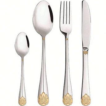 24 pc Gold-Lotus Flatware Set for 6 Stainless Steel Dining