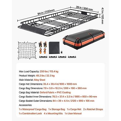 Roof Rack Cargo Basket with Net Straps and Waterproof Bag Adjustable for Most Vehicles