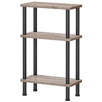 Narrow 3 tier End Table, Wood Look Slim Side Table with Open Shelves & Metal Frame for Small Spaces