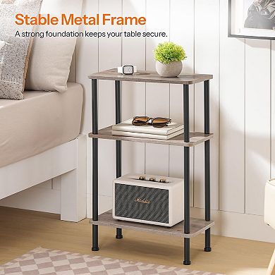 Narrow 3 Tier End Table, Wood Look Slim Side Table with Open Shelves & Metal Frame for Small Spaces