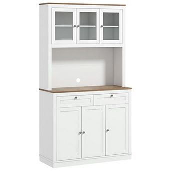 Tall Pantry Storage Cabinet with Glass Doors, Drawers and Appliance Counter