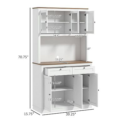 Tall Pantry Storage Cabinet with Glass Doors, Drawers and Appliance Counter
