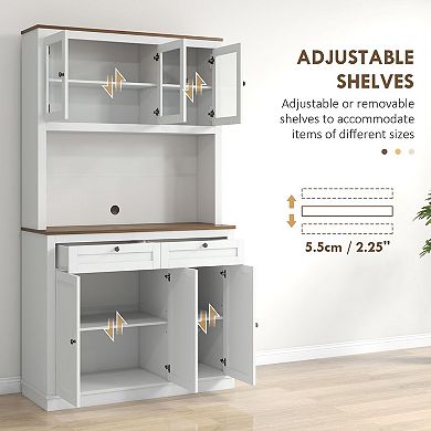 Tall Pantry Storage Cabinet with Glass Doors, Drawers and Appliance Counter