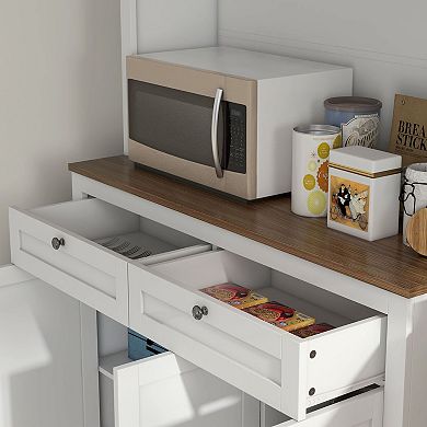 Tall Pantry Storage Cabinet with Glass Doors, Drawers and Appliance Counter