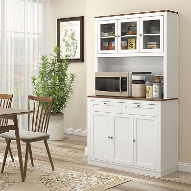 Tall Pantry Storage Cabinet with Glass Doors, Drawers and Appliance Counter