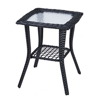 2 tier Patio Accent Table with Wicker Frame, Glass Top and Bottom Shelf