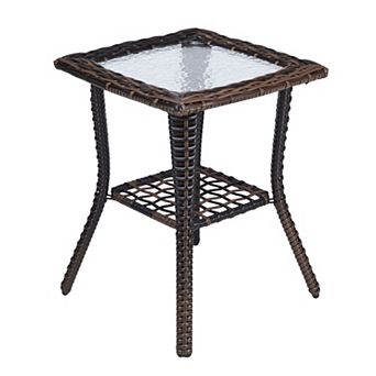 2 tier Patio Accent Table with Wicker Frame, Glass Top and Bottom Shelf