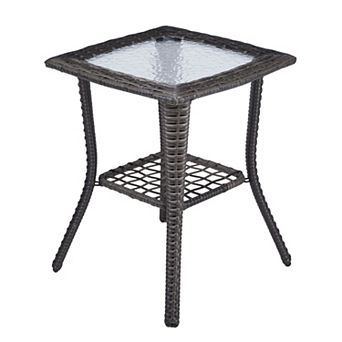 2 tier Patio Accent Table with Wicker Frame, Glass Top and Bottom Shelf