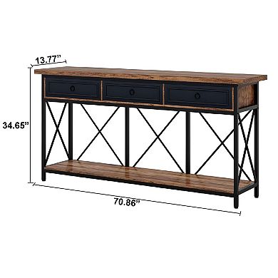 Farmhouse Console Table with 3 Drawers and Shelf, Narrow Entryway Sofa Table