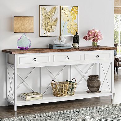 Farmhouse Console Table with 3 Drawers and Shelf, Narrow Entryway Sofa Table