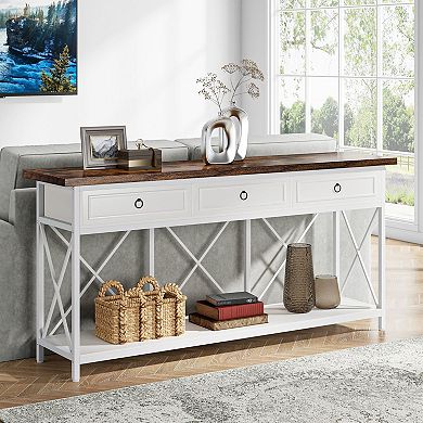 Farmhouse Console Table with 3 Drawers and Shelf, Narrow Entryway Sofa Table