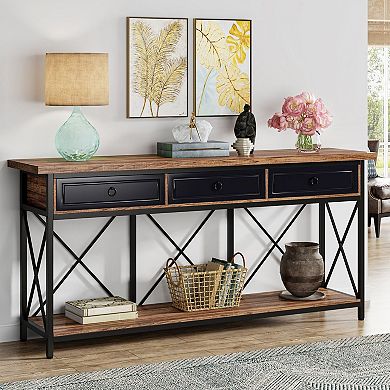 Farmhouse Console Table with 3 Drawers and Shelf, Narrow Entryway Sofa Table