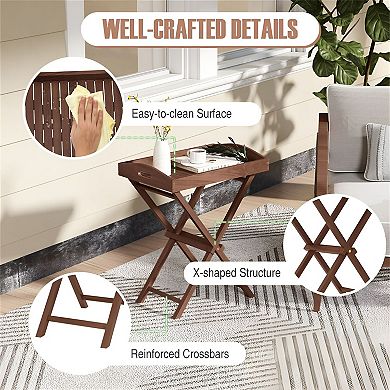 Teak Wood Folding TV Tray Table with Removable Serving Tray and Stand